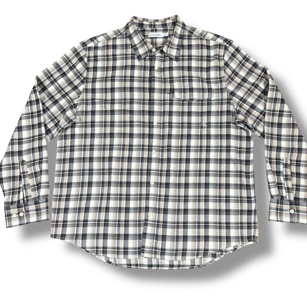 Calvin Klein‎ Men’s Plaid Flannel Shirt Large Button Up Long Sleeve Gray Beige